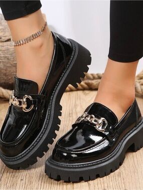 Patent Black Chunky Lug Sole Loafers with Chain Accent